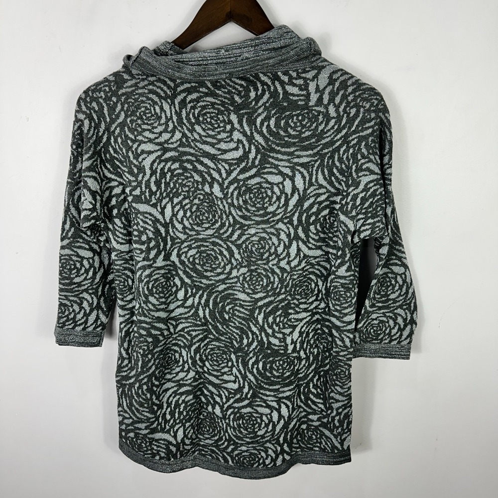 Weekends By Chicos Cowl Neck Tunic Sweater Womens Small Gray Metallic Roses Luxe - Picture 5 of 7
